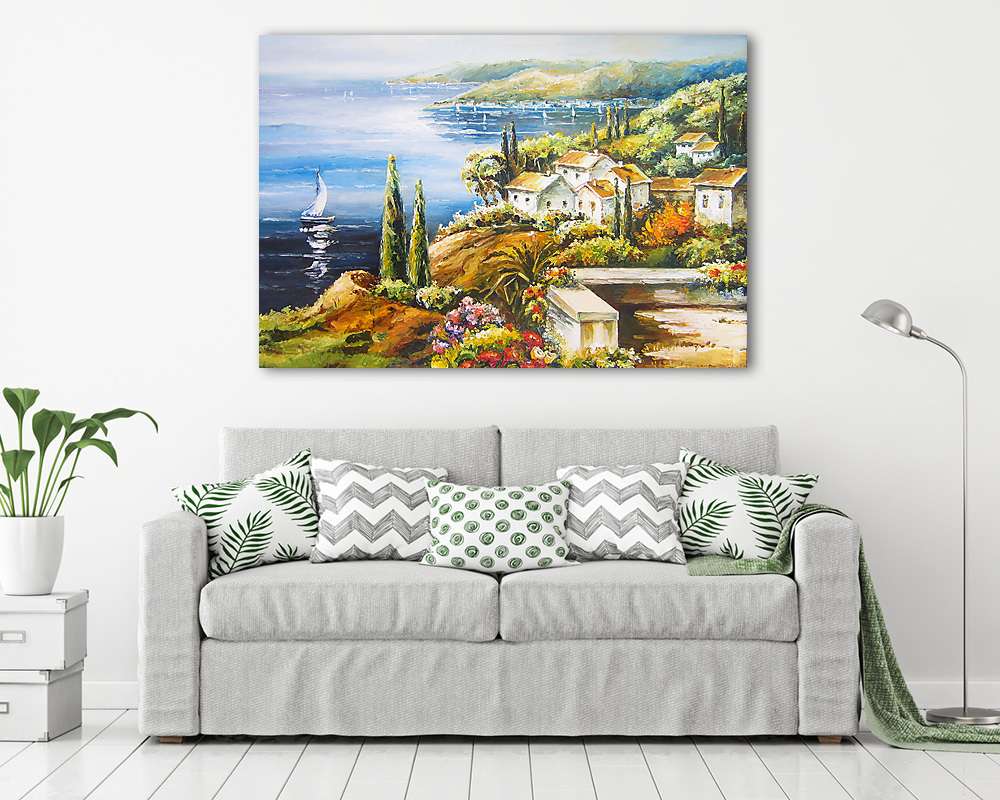 Mediterrán és vitorlás (olajfestmény reprodukció) - vászonkép, falikép vásárlás Mediterrán és vitorlás (olajfestmény reprodukció) (vászonkép) - vászonkép, falikép otthonra és irodába