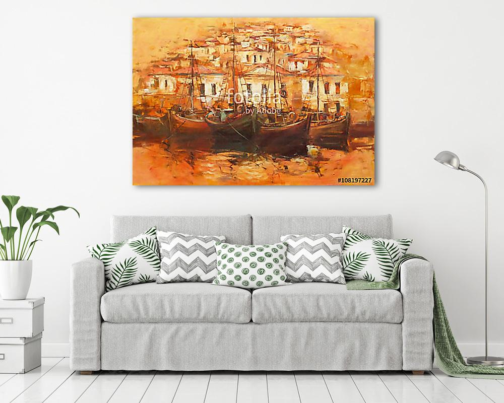 Csónakok a sziget kikötőjén, kézzel készített festészet - vászonkép, falikép vásárlás Csónakok a sziget kikötőjén, kézzel készített festészet (keretezett kép) - vászonkép, falikép otthonra és irodába