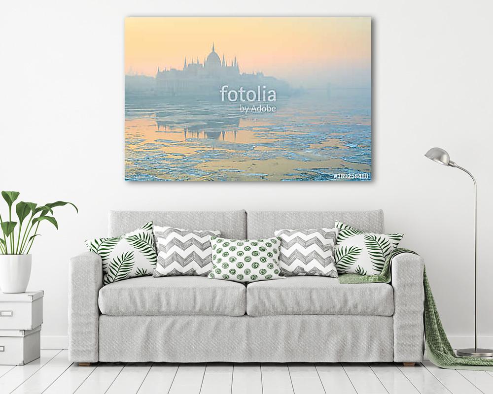 Nyugodt dunai folyó szétszórt jéggel, a Parlamentben épülő épüle (vászonkép) - vászonkép, falikép otthonra és irodába