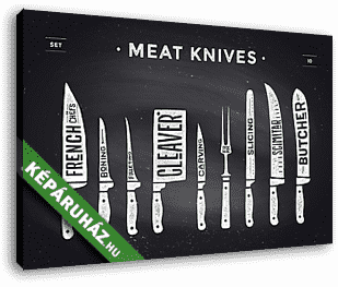 Meat cutting knives set. Poster Butcher diagram and scheme - vászonkép 3D látványterv