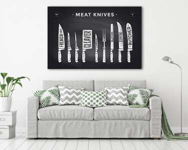 Meat cutting knives set. Poster Butcher diagram and scheme (vászonkép) - vászonkép, falikép otthonra és irodába