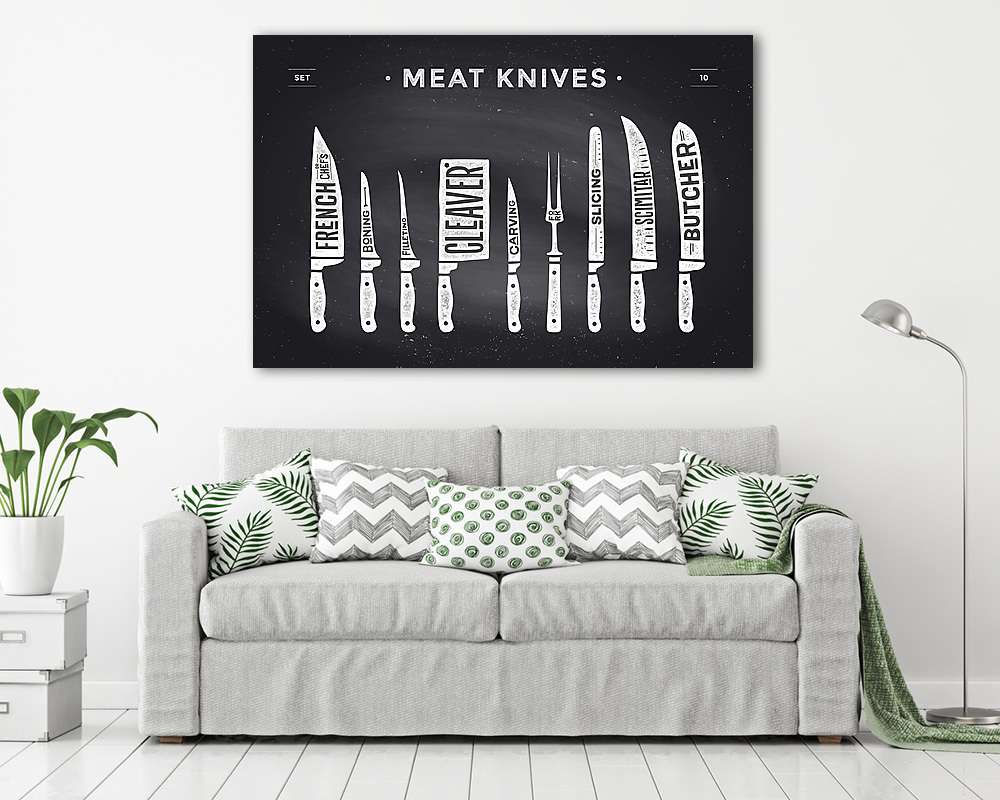 Meat cutting knives set. Poster Butcher diagram and scheme - vászonkép, falikép vásárlás Meat cutting knives set. Poster Butcher diagram and scheme (vászonkép) - vászonkép, falikép otthonra és irodába