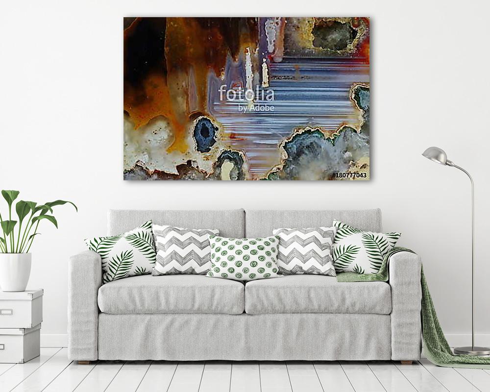 Macrophotography of cut agate. Stalactite-horizontal agate. Multicolored silica bands colored with metal oxides are visible. Ori - vászonkép, falikép vásárlás Macrophotography of cut agate. Stalactite-horizontal agate. Multicolored silica bands colored with metal oxides are visible. Ori (vászonkép) - vászonkép, falikép otthonra és irodába