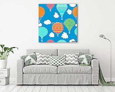 Színes hőlégballonok felhőkkel tapétaminta (vászonkép) - vászonkép, falikép otthonra és irodába