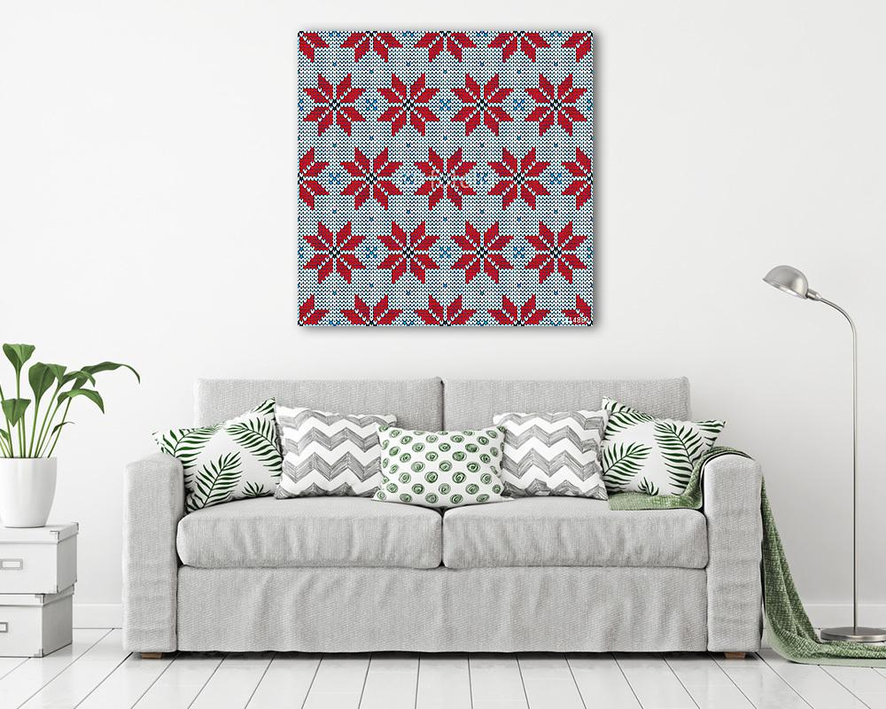 Poinsettia Piros / Kék Seamless Pattern Kötött - vászonkép, falikép vásárlás Poinsettia Piros / Kék Seamless Pattern Kötött (vászonkép) - vászonkép, falikép otthonra és irodába