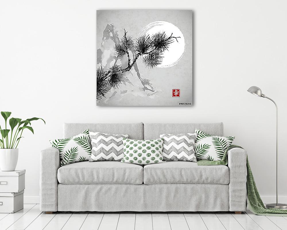 Fenyő ág, hegyek és a Hold (többrészes kép) - vászonkép, falikép otthonra és irodába