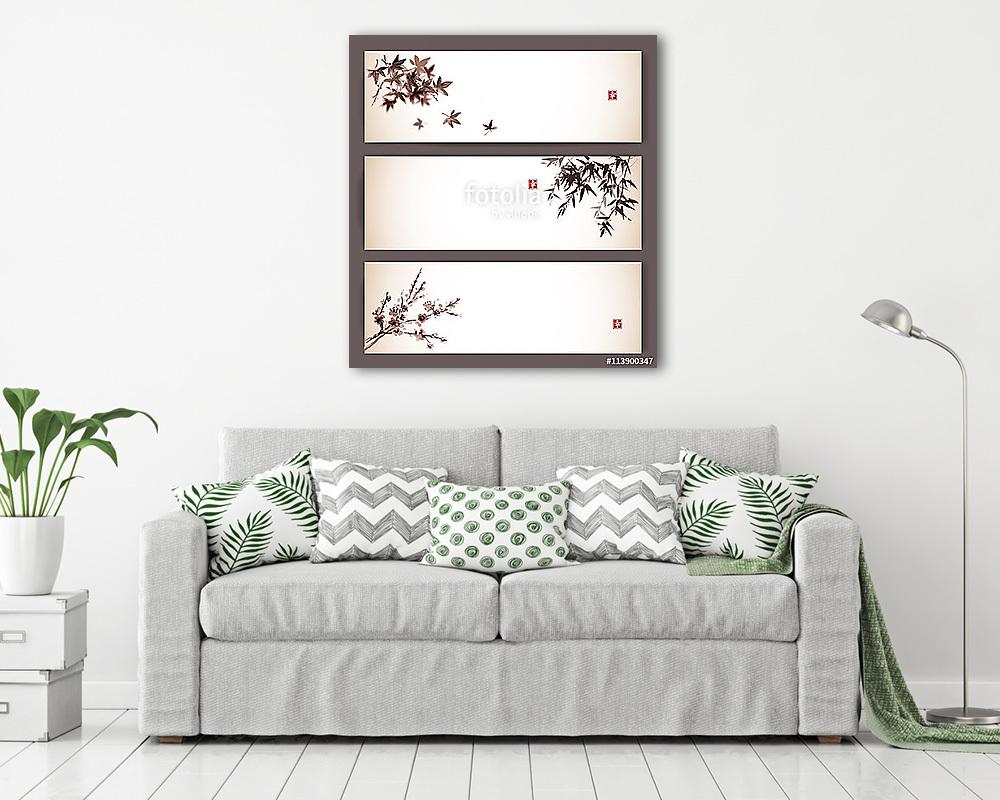 Három banner, juhar, bambusz és sakura. A hagyományos japánok (keretezett kép) - vászonkép, falikép otthonra és irodába