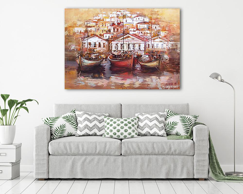 Csónakok a sziget kikötőjén, kézzel készített festészet - vászonkép, falikép vásárlás Csónakok a sziget kikötőjén, kézzel készített festészet (keretezett kép) - vászonkép, falikép otthonra és irodába