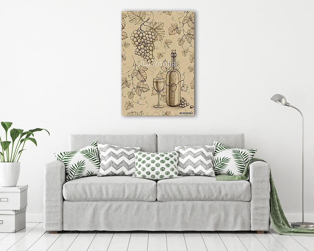 Borospalack és pohár szőlő fürttel és szőlőindákkal tollrajz (fotótapéta) - vászonkép, falikép otthonra és irodába