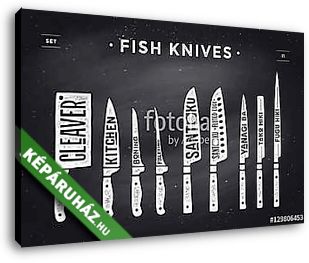 Fish cutting knives set. Poster of Butcher diagram and scheme -  - vászonkép 3D látványterv
