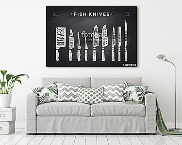 Fish cutting knives set. Poster of Butcher diagram and scheme -  (vászonkép) - vászonkép, falikép otthonra és irodába