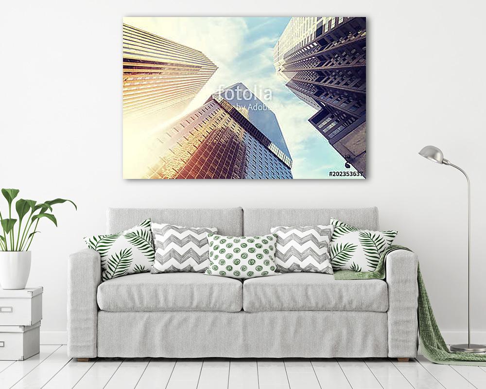 Looking up at Denver skyscrapers at sunset, color toned picture, - vászonkép, falikép vásárlás Looking up at Denver skyscrapers at sunset, color toned picture, (vászonkép) - vászonkép, falikép otthonra és irodába