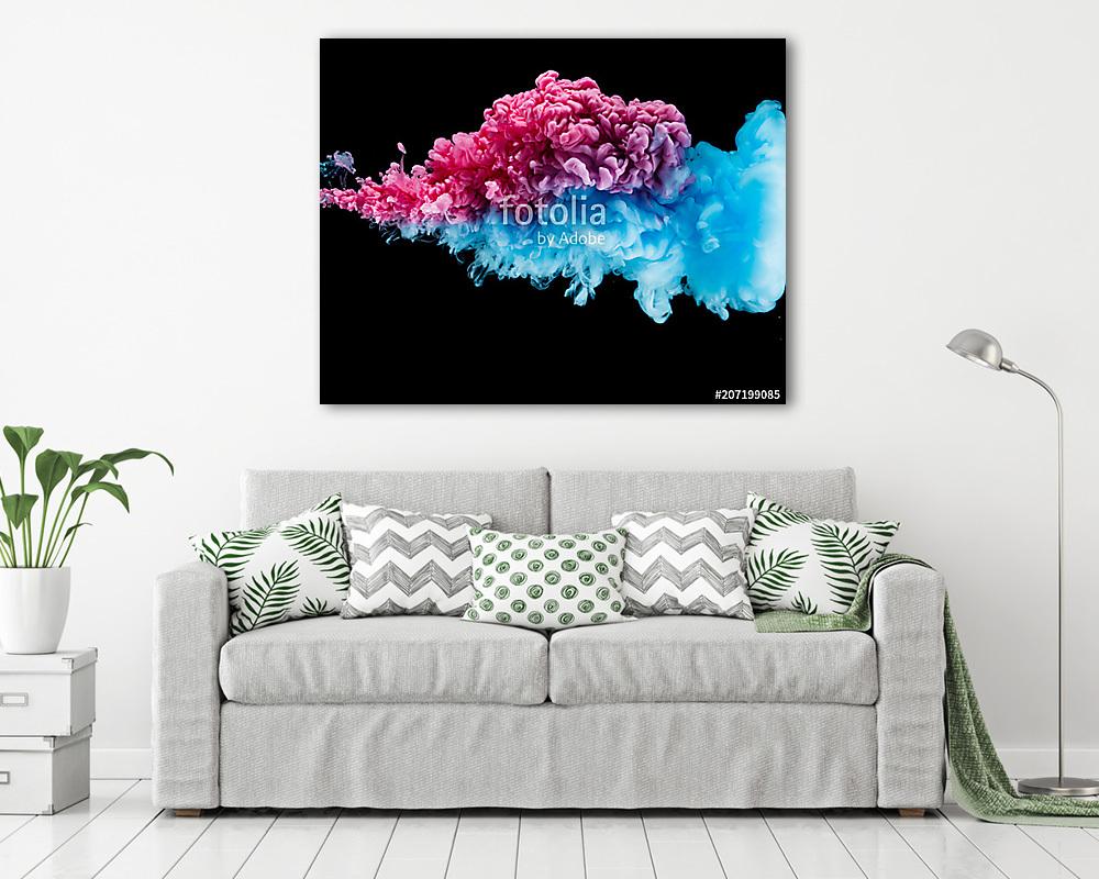 Blue and red paint splash isolated on black background - vászonkép, falikép vásárlás Blue and red paint splash isolated on black background (vászonkép) - vászonkép, falikép otthonra és irodába