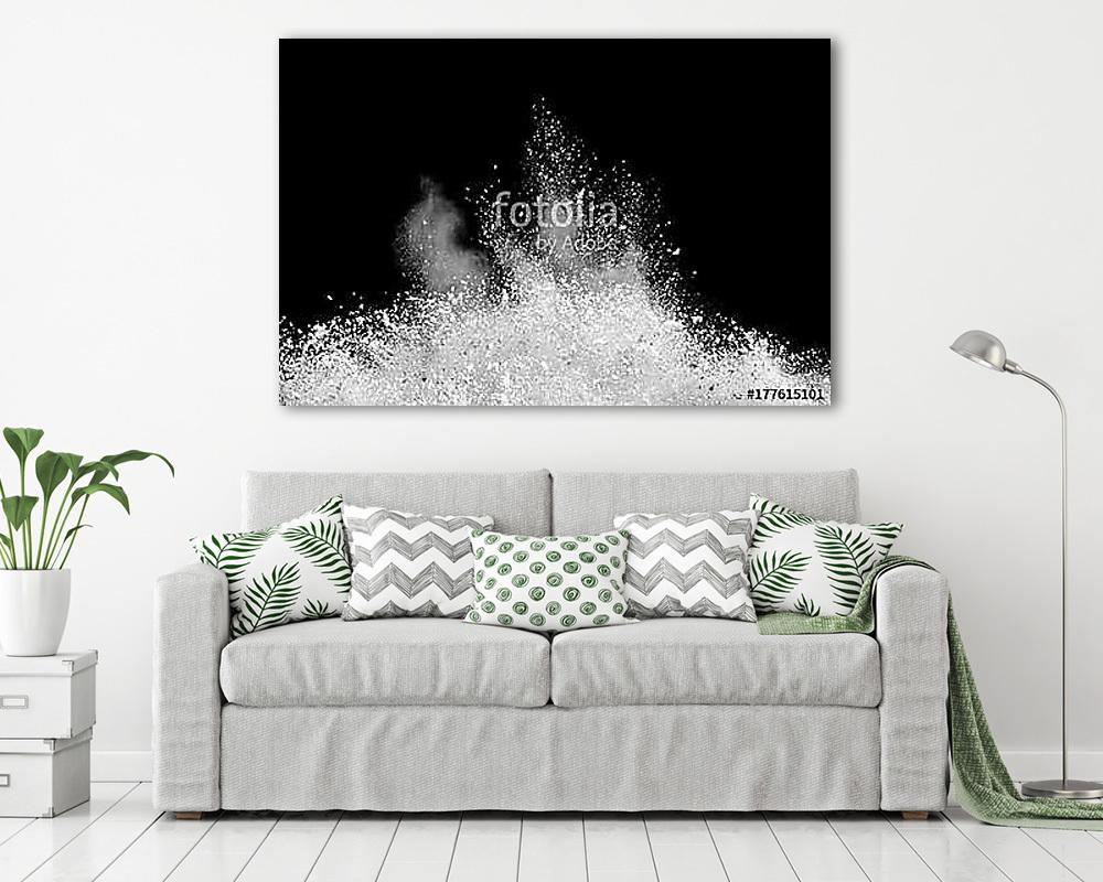 Freeze motion of white powder explosions isolated on black background - vászonkép, falikép vásárlás Freeze motion of white powder explosions isolated on black background (vászonkép) - vászonkép, falikép otthonra és irodába