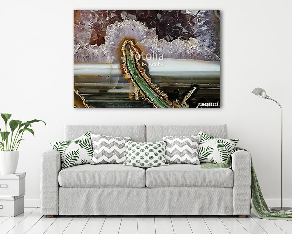 Cose-up of the cross section of agate. Horizontal agate with geode filled with quartz. Macrophotography of a fragment of a surfa - vászonkép, falikép vásárlás Cose-up of the cross section of agate. Horizontal agate with geode filled with quartz. Macrophotography of a fragment of a surfa (vászonkép) - vászonkép, falikép otthonra és irodába