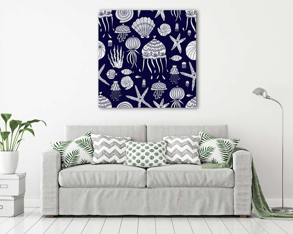 Kagylók-csillagok-medúzák tapétaminta - sötétkék - vászonkép, falikép vásárlás Kagylók-csillagok-medúzák tapétaminta - sötétkék (vászonkép) - vászonkép, falikép otthonra és irodába