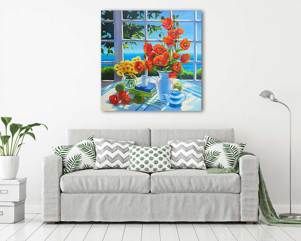 Pipacsok vázában az asztalon, zöld almák mellett  - vászonkép, falikép vásárlás Pipacsok vázában az asztalon, zöld almák mellett  (fotótapéta) - vászonkép, falikép otthonra és irodába