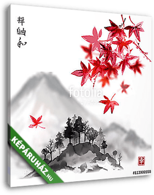 Fujiyama hegyi és vörös levelek japán juhar fehér háton - vászonkép 3D látványterv
