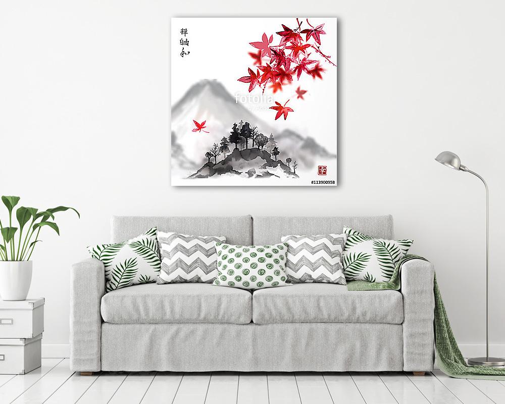 Fujiyama hegyi és vörös levelek japán juhar fehér háton - vászonkép, falikép vásárlás Fujiyama hegyi és vörös levelek japán juhar fehér háton (vászonkép) - vászonkép, falikép otthonra és irodába