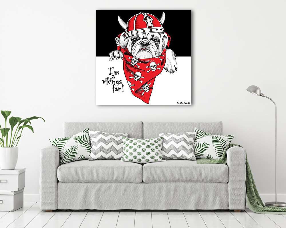 The portrait of a dog in the viking helmet and in the neckerchie (poszter) - vászonkép, falikép otthonra és irodába