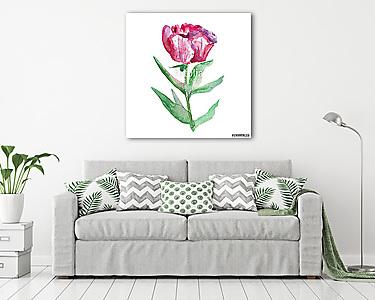 Watercolor pink peony flower, green leaf hand drawn painting ill (vászonkép) - vászonkép, falikép otthonra és irodába