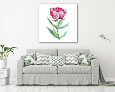 Watercolor pink peony flower, green leaf hand drawn painting ill (vászonkép) - vászonkép, falikép otthonra és irodába