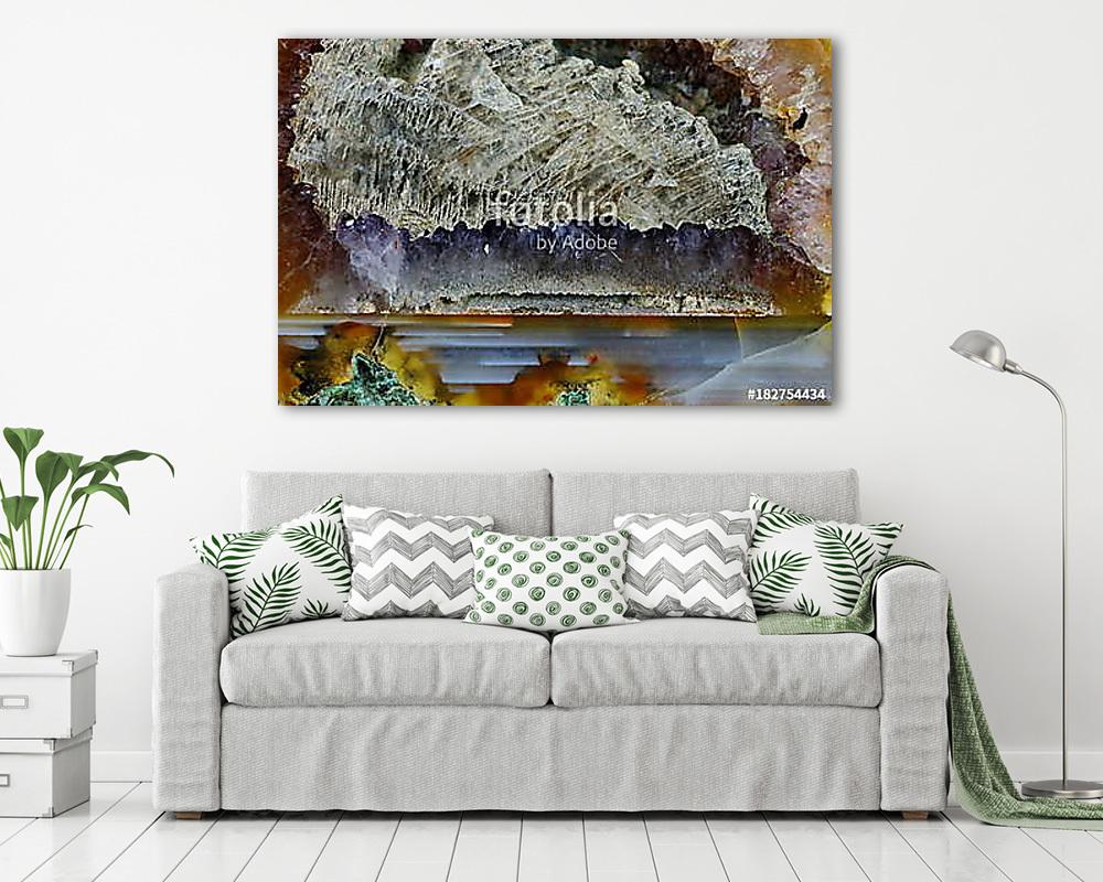 A cross section of the agate stone. Horizontal agate filled with quartz and calcite. Origin: Rudno near Krakow, Poland. (bögre) - vászonkép, falikép otthonra és irodába