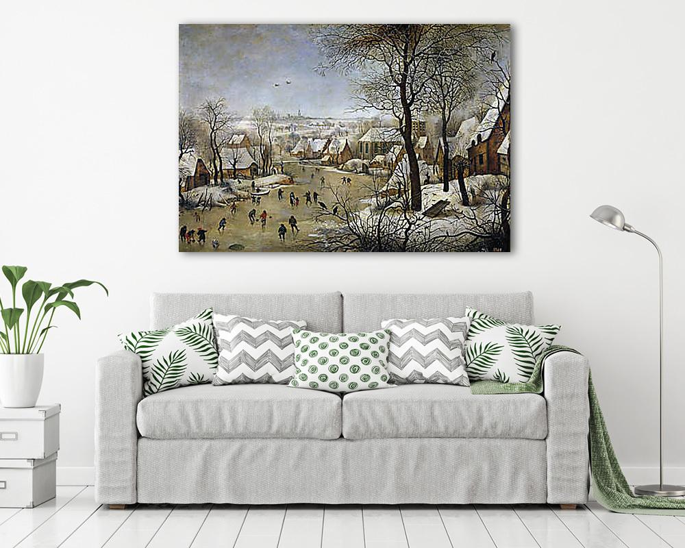 Téli tájkép korcsolyázókkal és madárcsapdával (vászonkép) - vászonkép, falikép otthonra és irodába