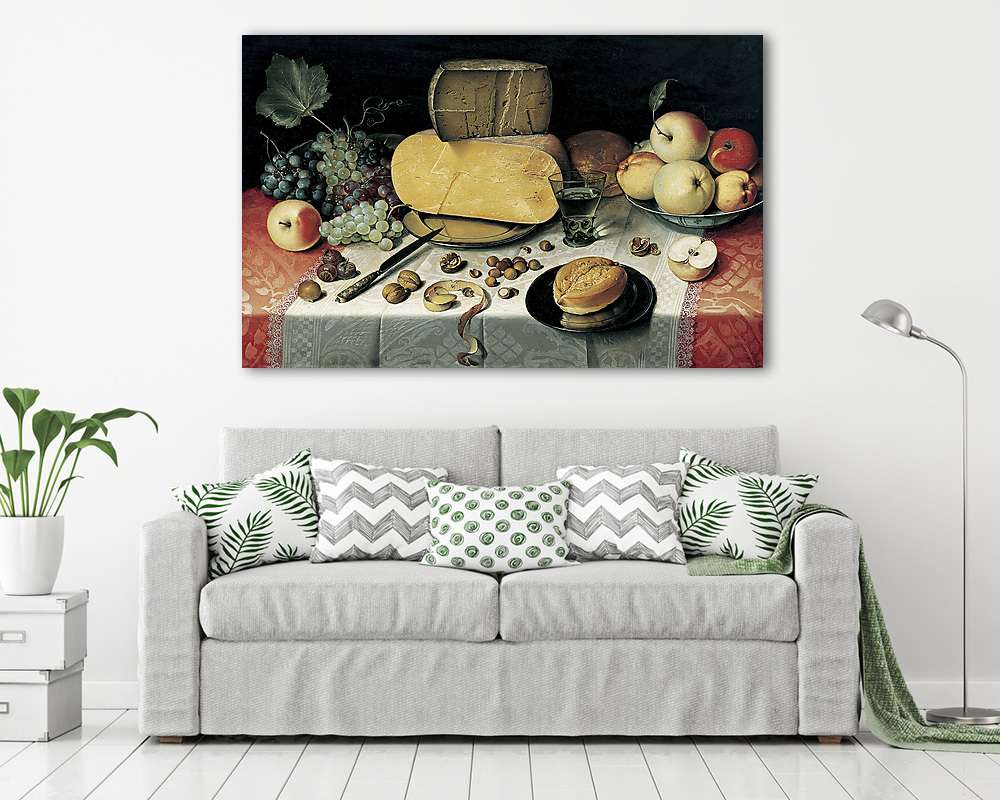 Csendélet sajttal és gyümölcsökkel (1615 körül) - vászonkép, falikép vásárlás Csendélet sajttal és gyümölcsökkel (1615 körül) (bögre) - vászonkép, falikép otthonra és irodába