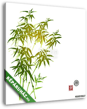 Zöld bambusz kártya sumi-e stílusban. Kézi tintával. VEC - vászonkép 3D látványterv