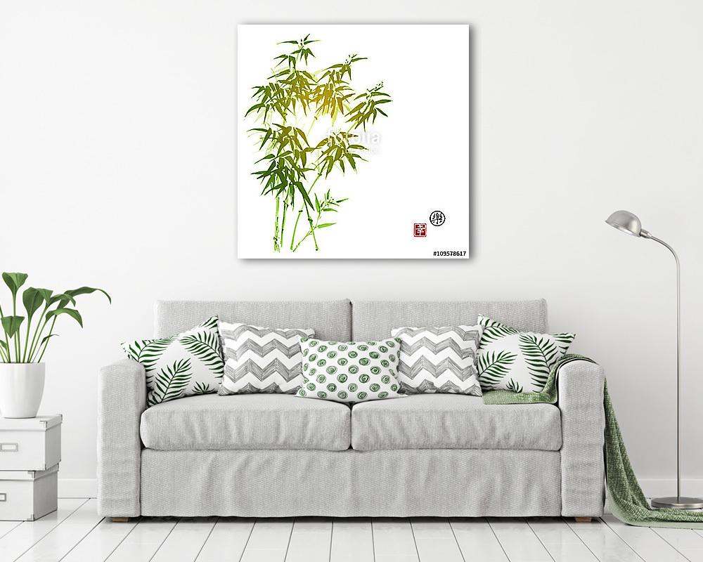 Zöld bambusz kártya sumi-e stílusban. Kézi tintával. VEC (bögre) - vászonkép, falikép otthonra és irodába