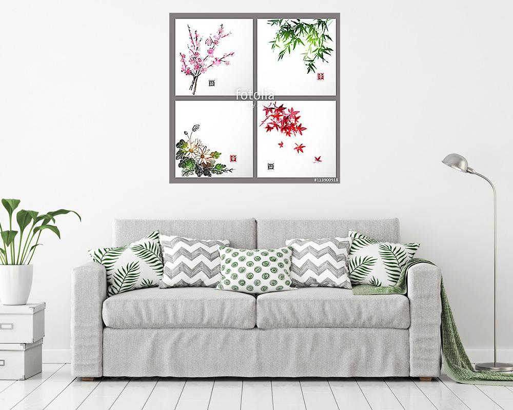 Négy évszakot tartalmazó kompozíciók készlete. Sakura ág, ba (bögre) - vászonkép, falikép otthonra és irodába