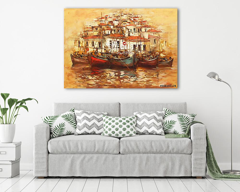 Csónakok a sziget kikötőjén, kézzel készített festészet - vászonkép, falikép vásárlás Csónakok a sziget kikötőjén, kézzel készített festészet (keretezett kép) - vászonkép, falikép otthonra és irodába