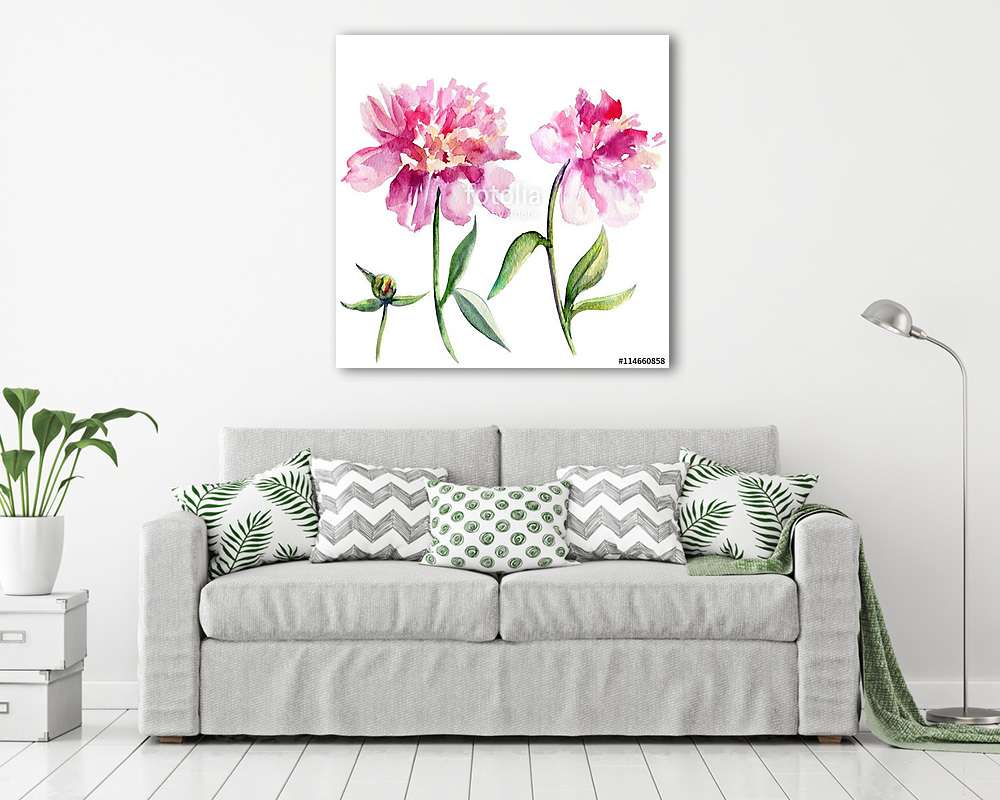 Watercolor peony flower, bud hand drawn illustration isolated on - vászonkép, falikép vásárlás Watercolor peony flower, bud hand drawn illustration isolated on (vászonkép) - vászonkép, falikép otthonra és irodába