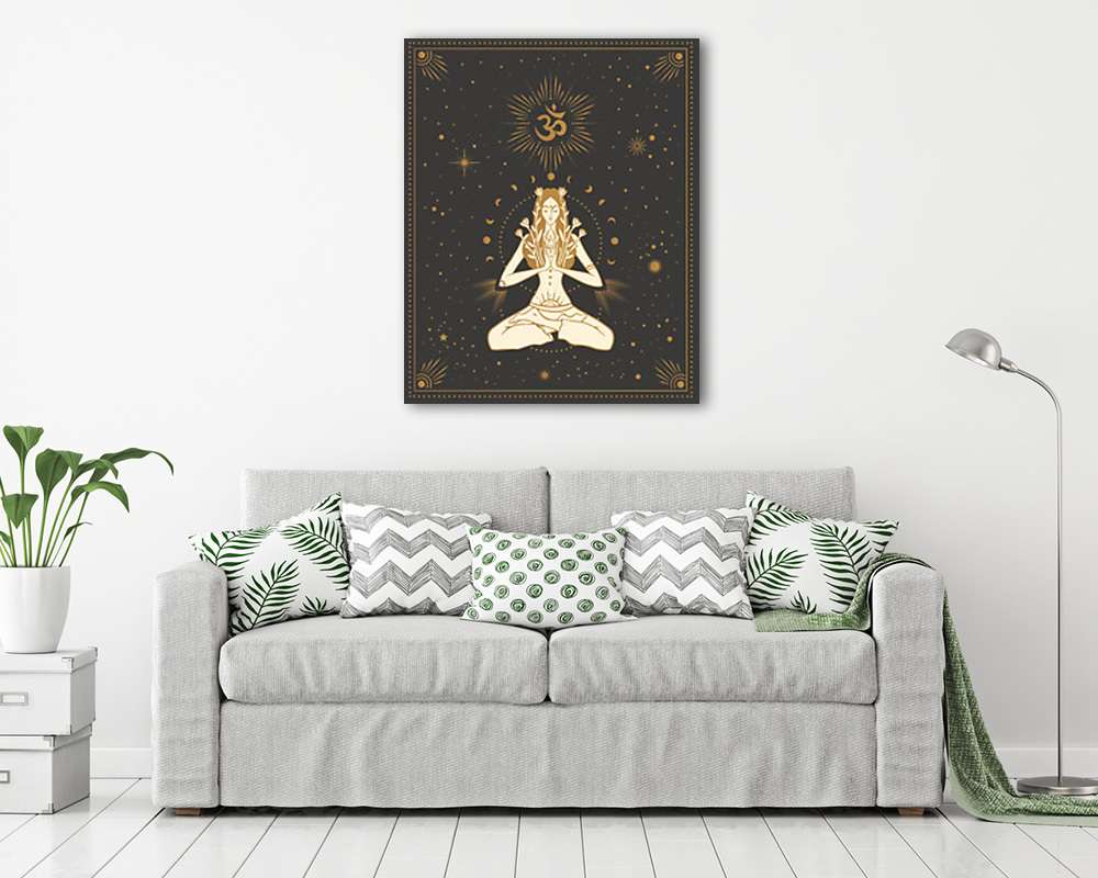 Nő lótusz pózban, om jellel, tarrot kártya stílusban (többrészes kép) - vászonkép, falikép otthonra és irodába