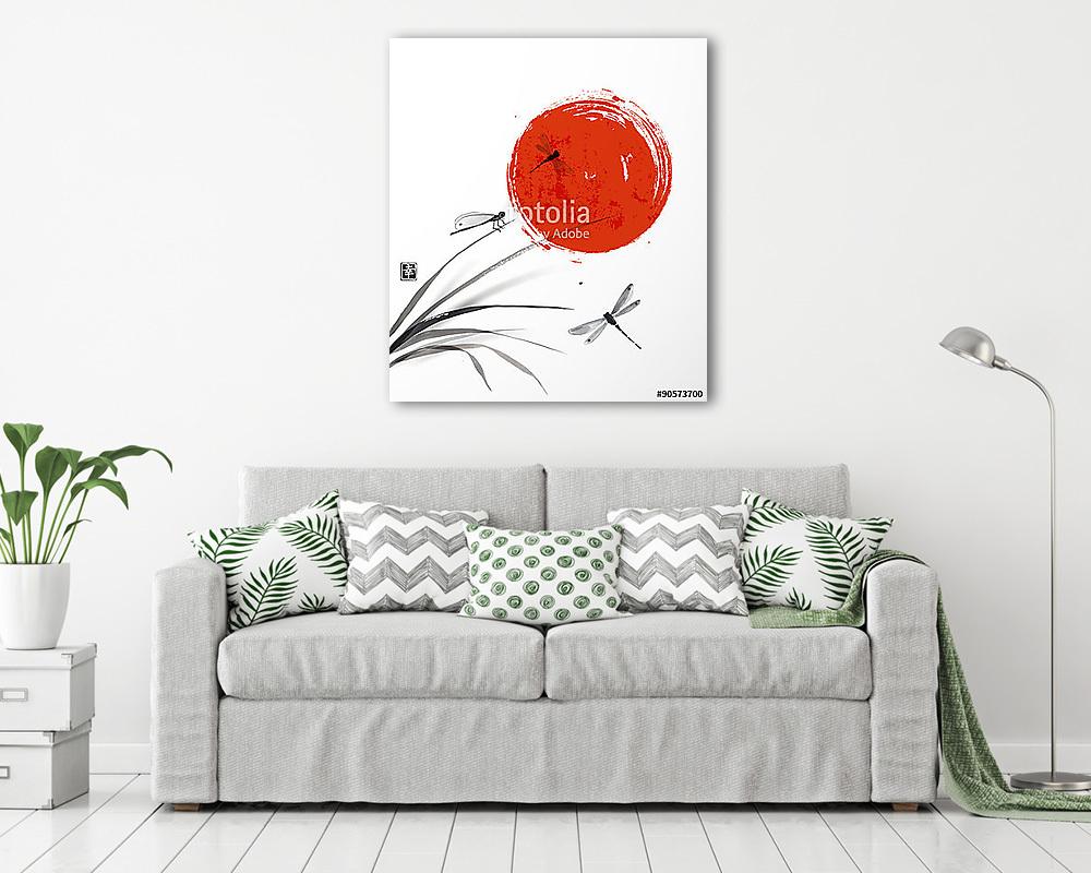 Fűfélék, három szitakötők és a nap.  (vászonkép) - vászonkép, falikép otthonra és irodába