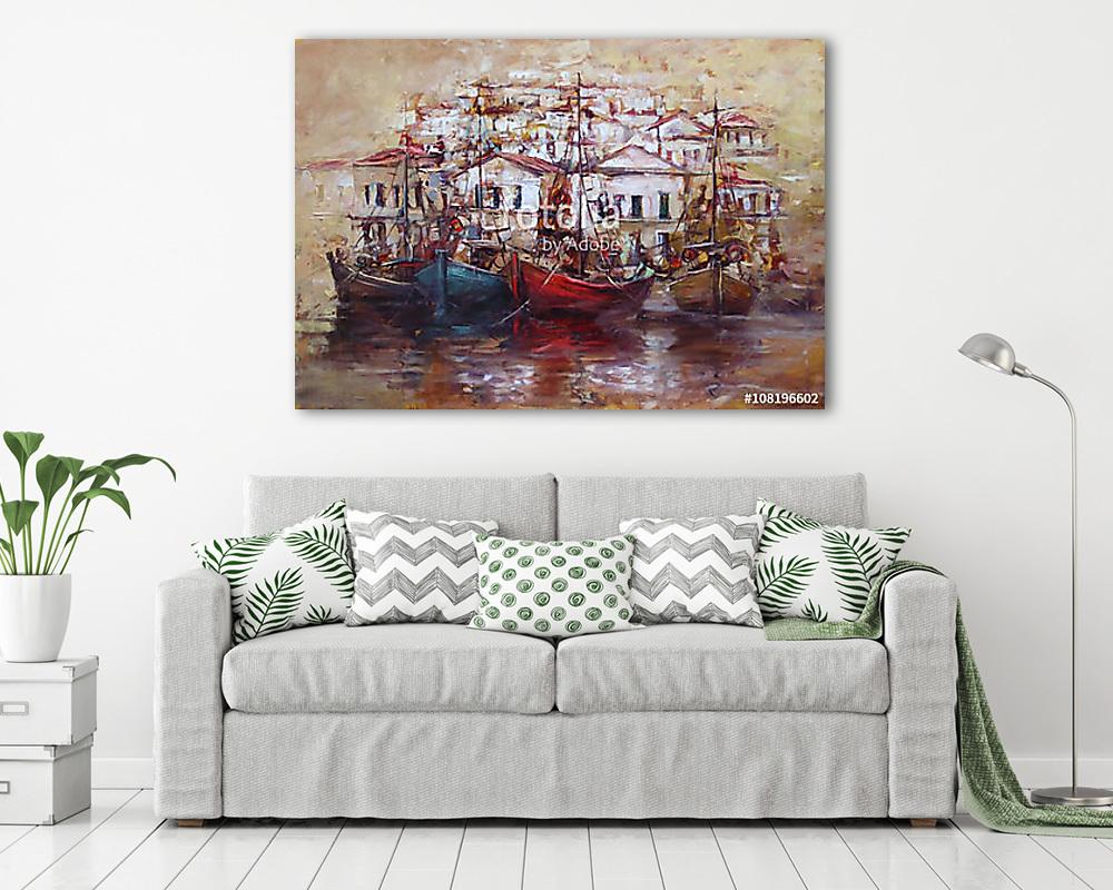 Csónakok a sziget kikötőjén, kézzel készített festészet - vászonkép, falikép vásárlás Csónakok a sziget kikötőjén, kézzel készített festészet (vászonkép) - vászonkép, falikép otthonra és irodába