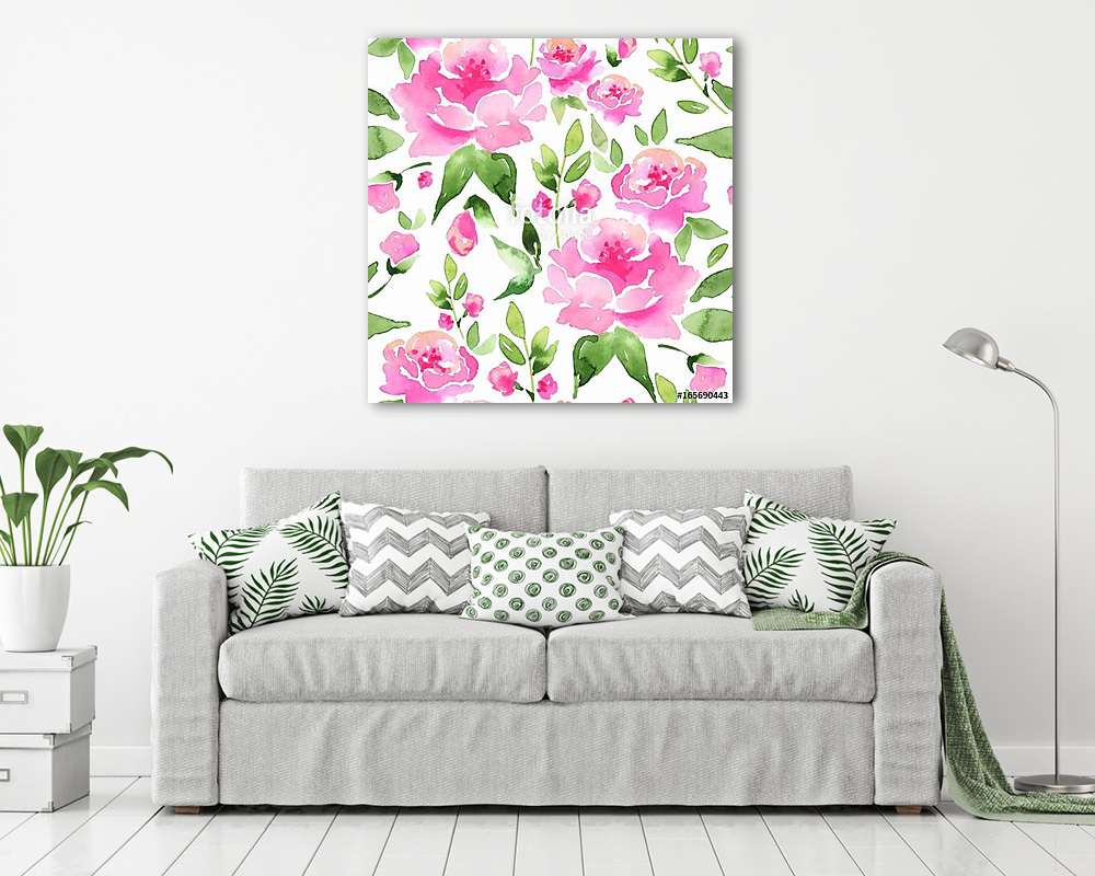 Floral seamless pattern. Watercolor background with pink flowers - vászonkép, falikép vásárlás Floral seamless pattern. Watercolor background with pink flowers (vászonkép) - vászonkép, falikép otthonra és irodába