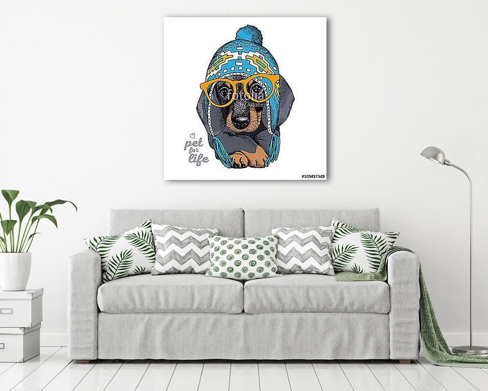 The christmas poster with the portrait of the dog Dachshund in t - vászonkép, falikép vásárlás The christmas poster with the portrait of the dog Dachshund in t (vászonkép) - vászonkép, falikép otthonra és irodába