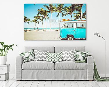 vintage car parked on the tropical beach (seaside) with a surfboard on the roof - Leisure trip in the summer. retro color effect (vászonkép) - vászonkép, falikép otthonra és irodába