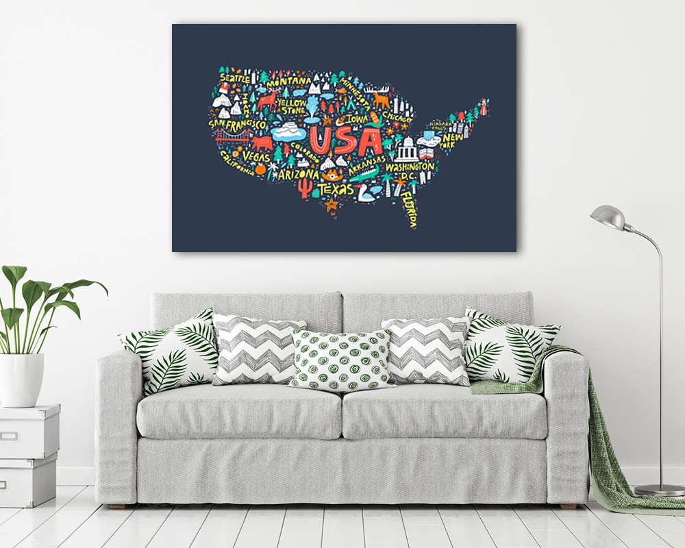 USA térkép illusztráció kék háttérben - vászonkép, falikép vásárlás USA térkép illusztráció kék háttérben (vászonkép) - vászonkép, falikép otthonra és irodába