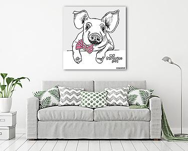 Image of a small pig with a bow. Vector illustration. (vászonkép) - vászonkép, falikép otthonra és irodába