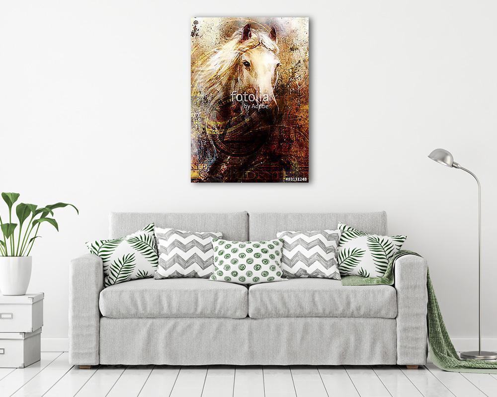 Horse heads, abstract ocre background, with one dollar collage. (többrészes kép) - vászonkép, falikép otthonra és irodába