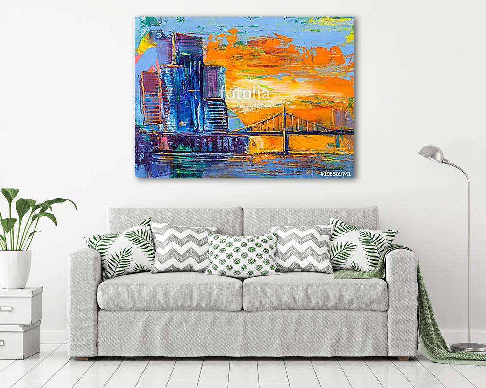 Absztrakt város híddal (olajfestmény reprodukció) - vászonkép, falikép vásárlás Absztrakt város híddal (olajfestmény reprodukció) (vászonkép) - vászonkép, falikép otthonra és irodába