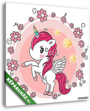 Cute Cartoon Unicorn with flowers - vászonkép 3D látványterv