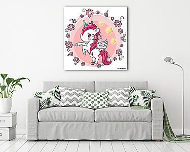 Cute Cartoon Unicorn with flowers (vászonkép) - vászonkép, falikép otthonra és irodába