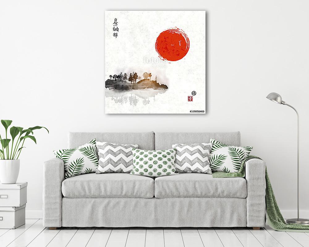 Sziget fákkal ködben és vörös napsütésben. A hagyományos japán t (többrészes kép) - vászonkép, falikép otthonra és irodába