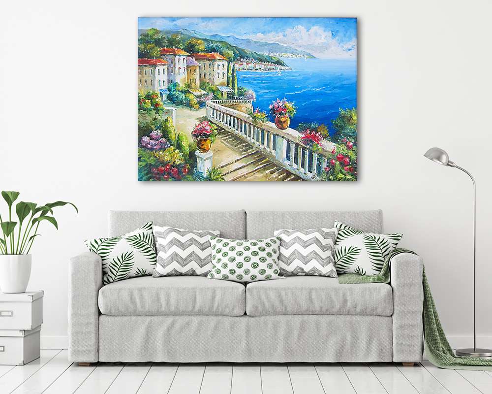 Görög tengerpart lakóházakkal (keretezett kép) - vászonkép, falikép otthonra és irodába