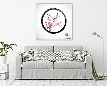 Keleti cseresznye ág virágos fekete zen körben. Saku (vászonkép) - vászonkép, falikép otthonra és irodába