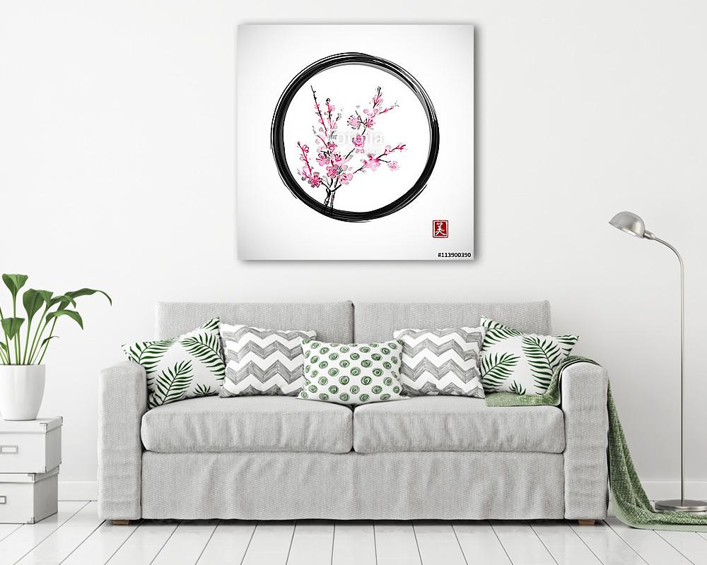 Keleti cseresznye ág virágos fekete zen körben. Saku (fotótapéta) - vászonkép, falikép otthonra és irodába